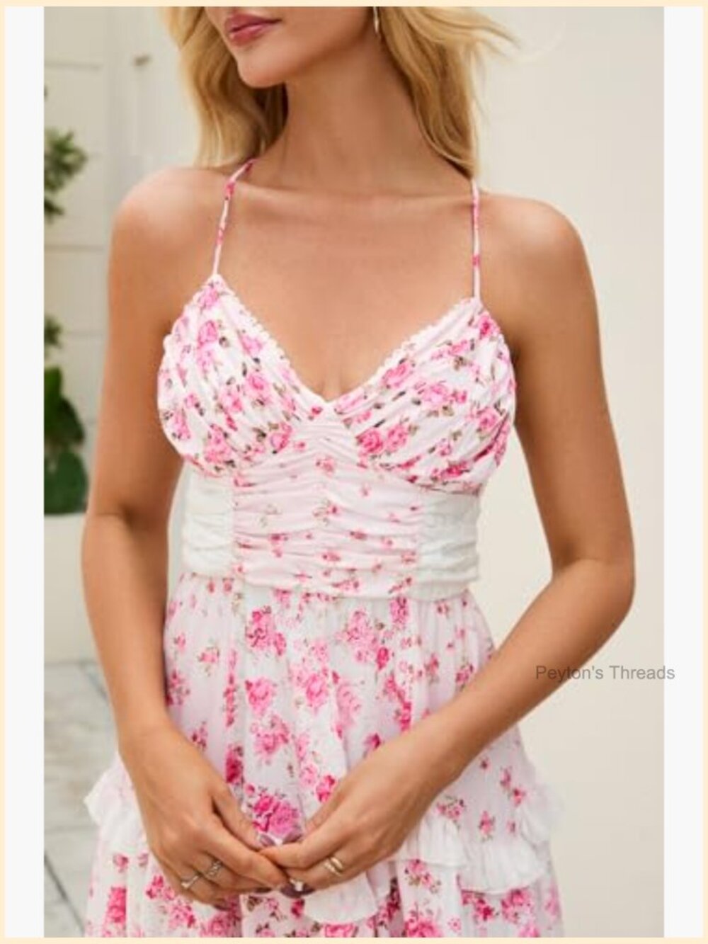 Boho Floral Maxi Dress Spaghetti Strap V-Neck Patchwork Flowy Summer Fall - Picture 2 of 7